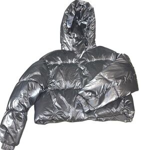 Zara Metallic Silver Hooded Cropped Puffer